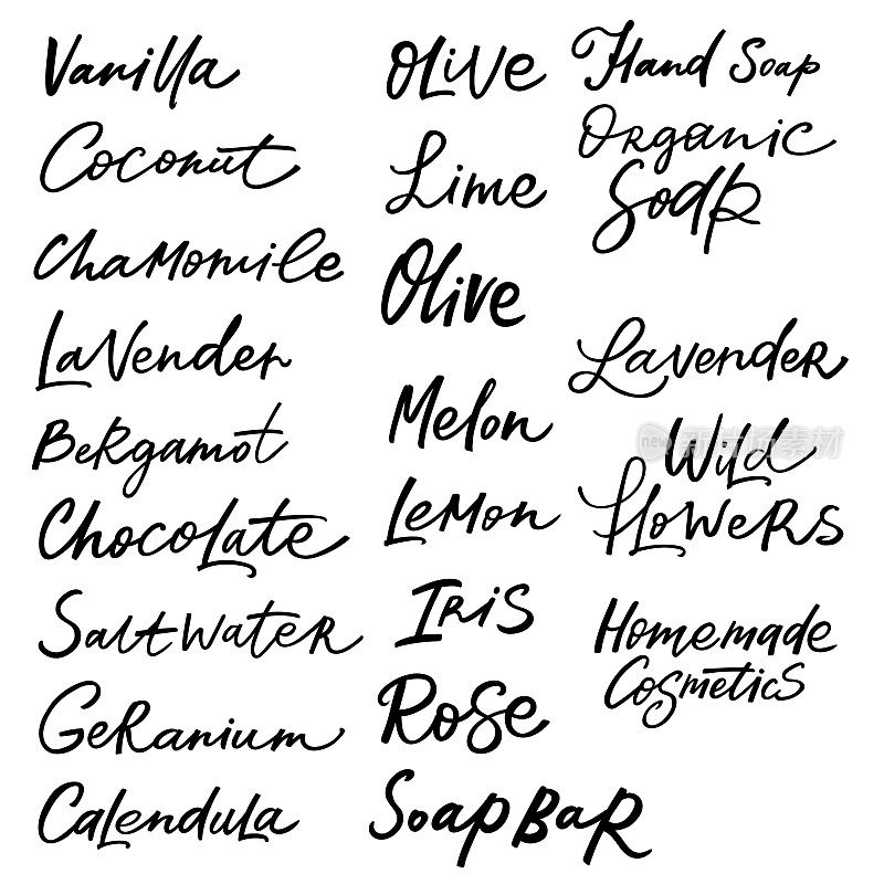 Handmade vanilla, coconut, chamomile, lavender, bergamot, chocolate, geranium, calendula, olive, lime, melon, lemon, iris, rose and wild flowers soap bar labels with handdrawn lettering